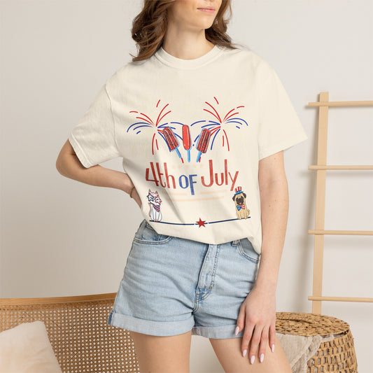 4th of July Fireworks Tee — Patriotic Dog & Cat Graphic T-Shirt